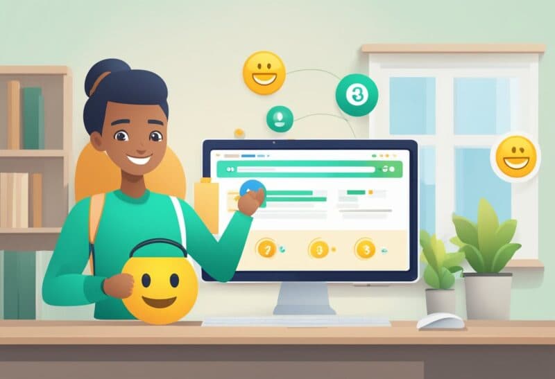 A computer screen displaying the Surveys4Rewards website with a user completing a survey and earning points. A smiling emoji and a "Review" button are highlighted