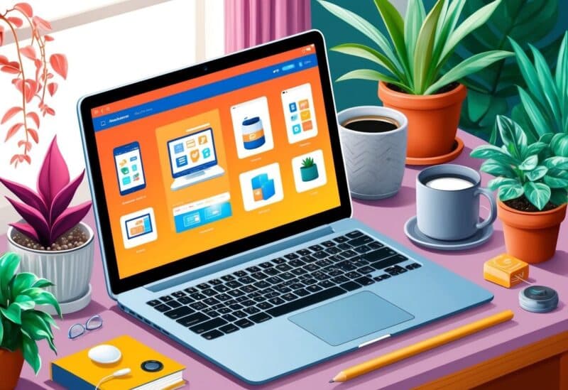 A laptop with a variety of digital products displayed on the screen, surrounded by plants and cozy decor